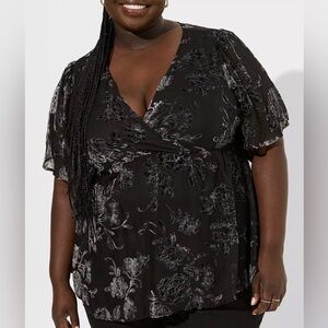 TORRID Peplum Velvet Burnout Surplice Top With Black Dahlia Floral 2X